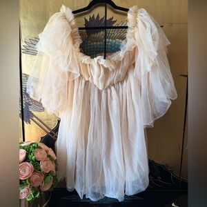 NEW Whimsical Tulle Babydoll Cream Mini Dress - Off-Shoulder,Flare Sleeve - M
